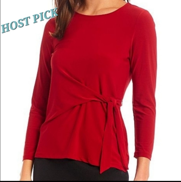 Kasper Tops - Kasper fire red tie waist blouse